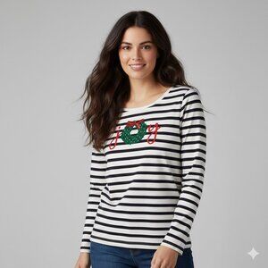Talbots Petite Small SP Striped Christmas Top Joy Wreath Embellished Cotton Tee